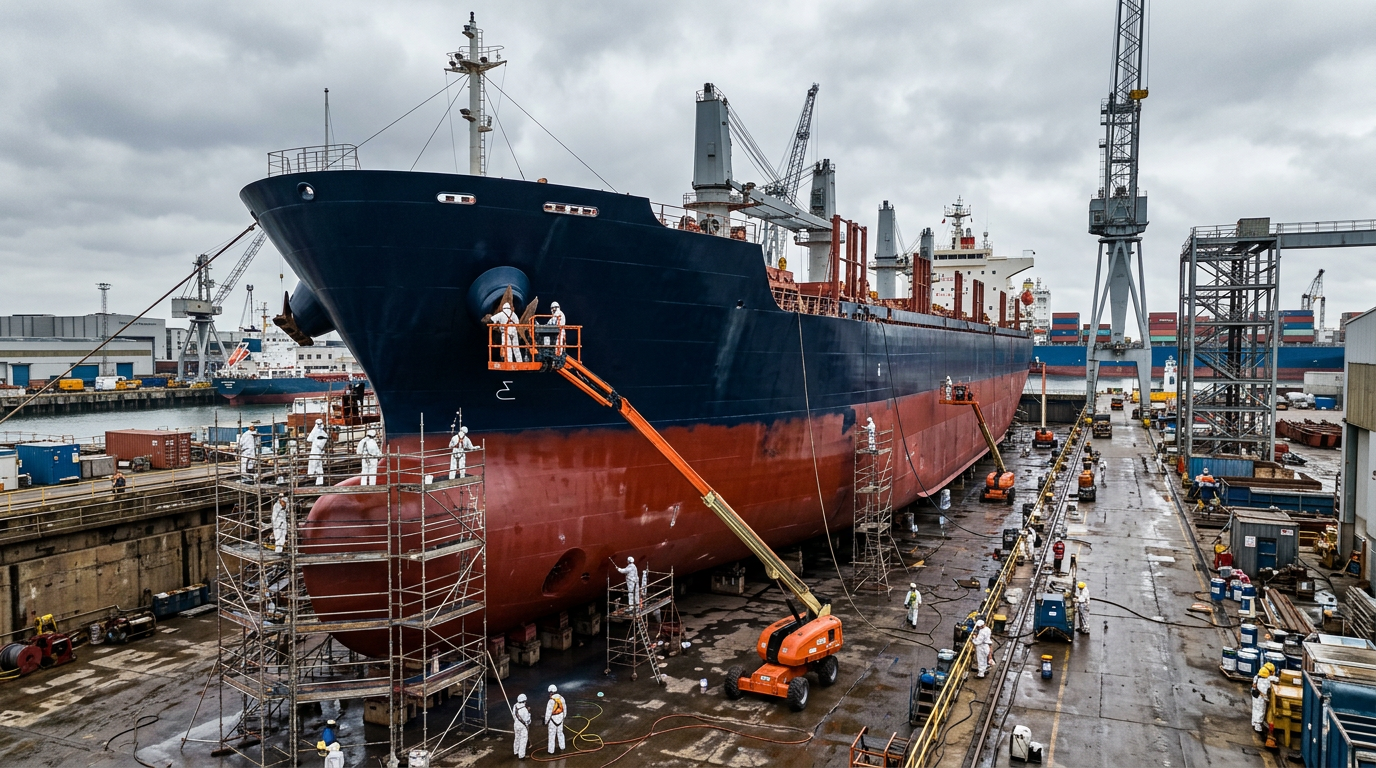 Kuru havuzda kırmızı antifouling ve lacivert boya ile kaplanmış gemi gövdesi